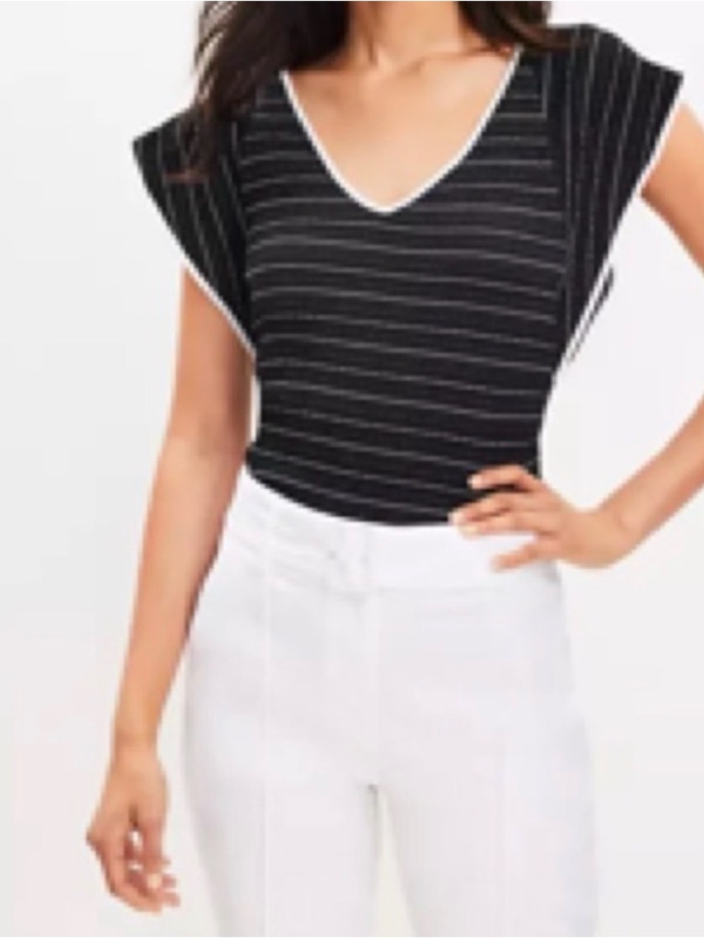LOFT Striped Flutter Sleeve V-Neck Top Textured Knit White Black Size Medium